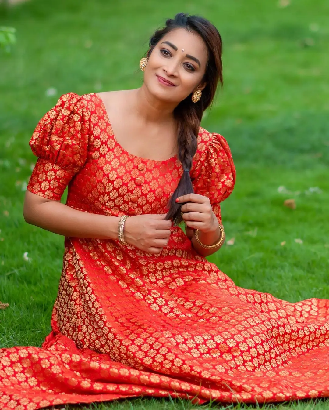 Maa TV Actress Bhanu Sri Wearing Orange Gown